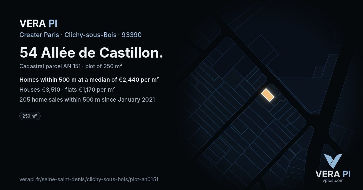 54 Allée de Castillon, Clichy-sous-Bois at night – the plot lit, the parcels around coloured by the prices near them
