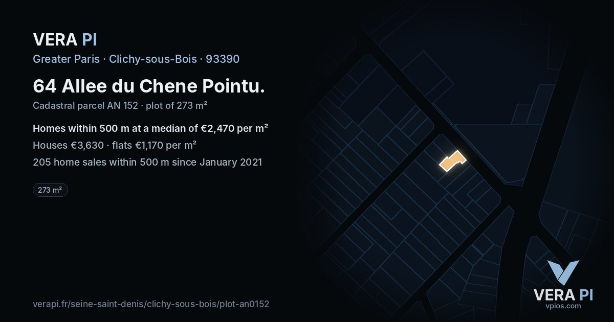64 Allee du Chene Pointu, Clichy-sous-Bois at night – the plot lit, the parcels around coloured by the prices near them