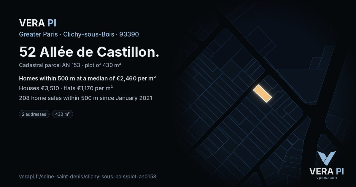 52 Allée de Castillon, Clichy-sous-Bois at night – the plot lit, the parcels around coloured by the prices near them