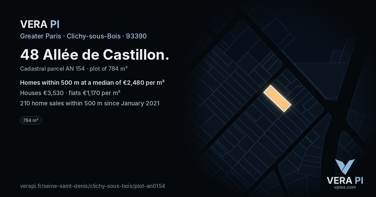 48 Allée de Castillon, Clichy-sous-Bois at night – the plot lit, the parcels around coloured by the prices near them