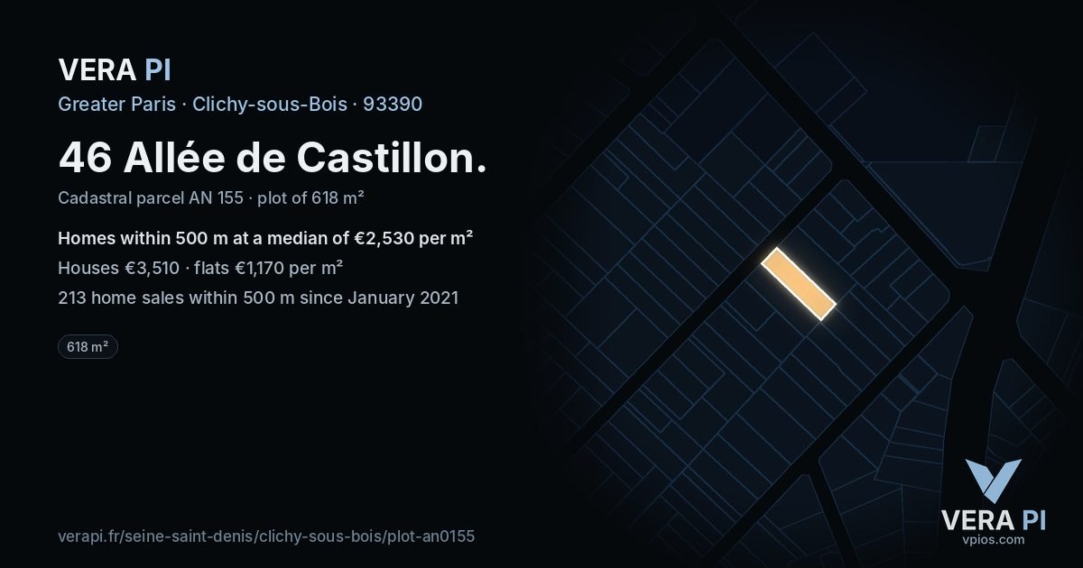 46 Allée de Castillon, Clichy-sous-Bois at night – the plot lit, the parcels around coloured by the prices near them