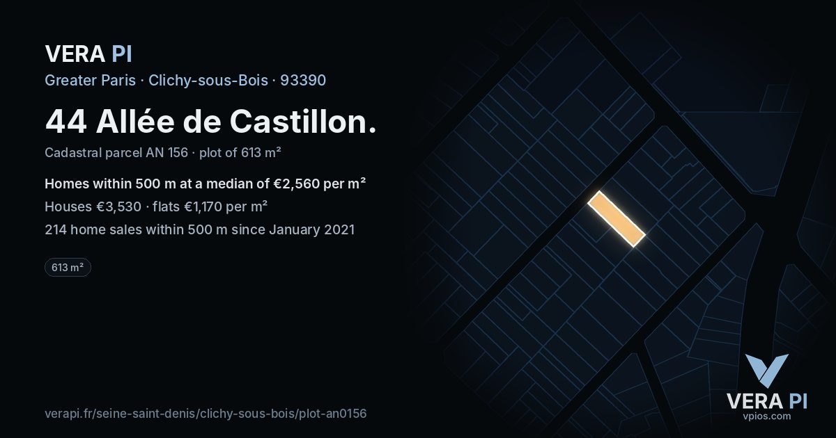 44 Allée de Castillon, Clichy-sous-Bois at night – the plot lit, the parcels around coloured by the prices near them