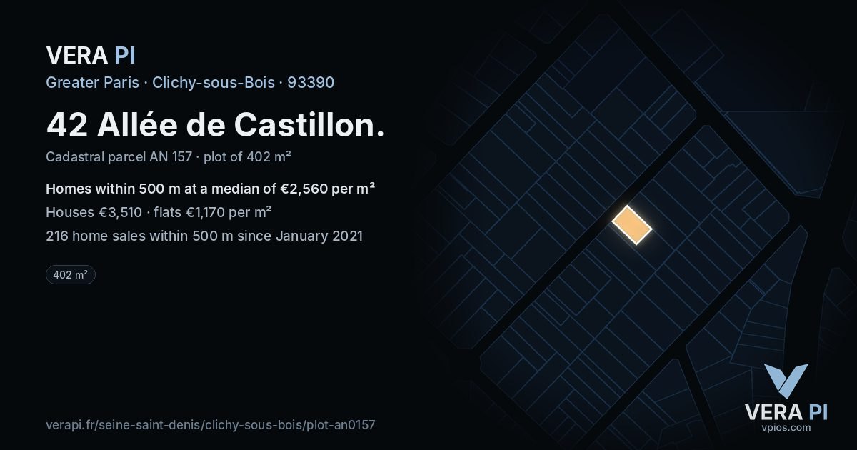 42 Allée de Castillon, Clichy-sous-Bois at night – the plot lit, the parcels around coloured by the prices near them