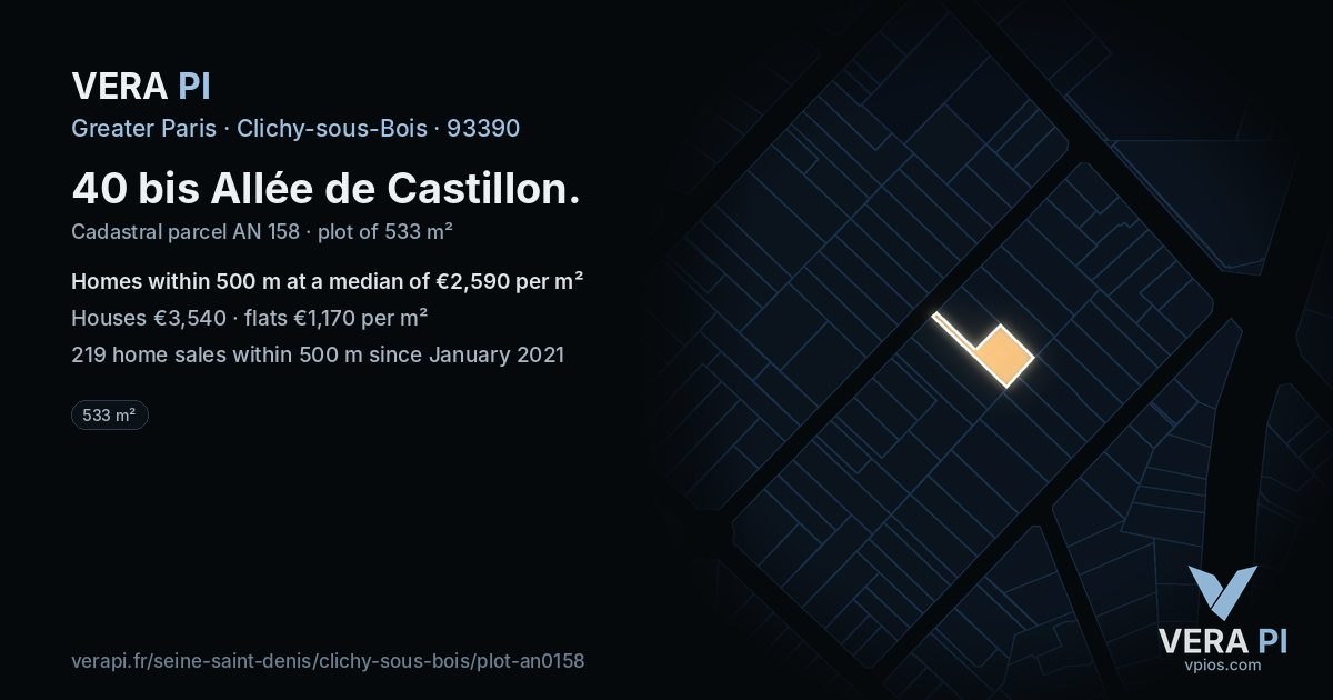 40 bis Allée de Castillon, Clichy-sous-Bois at night – the plot lit, the parcels around coloured by the prices near them