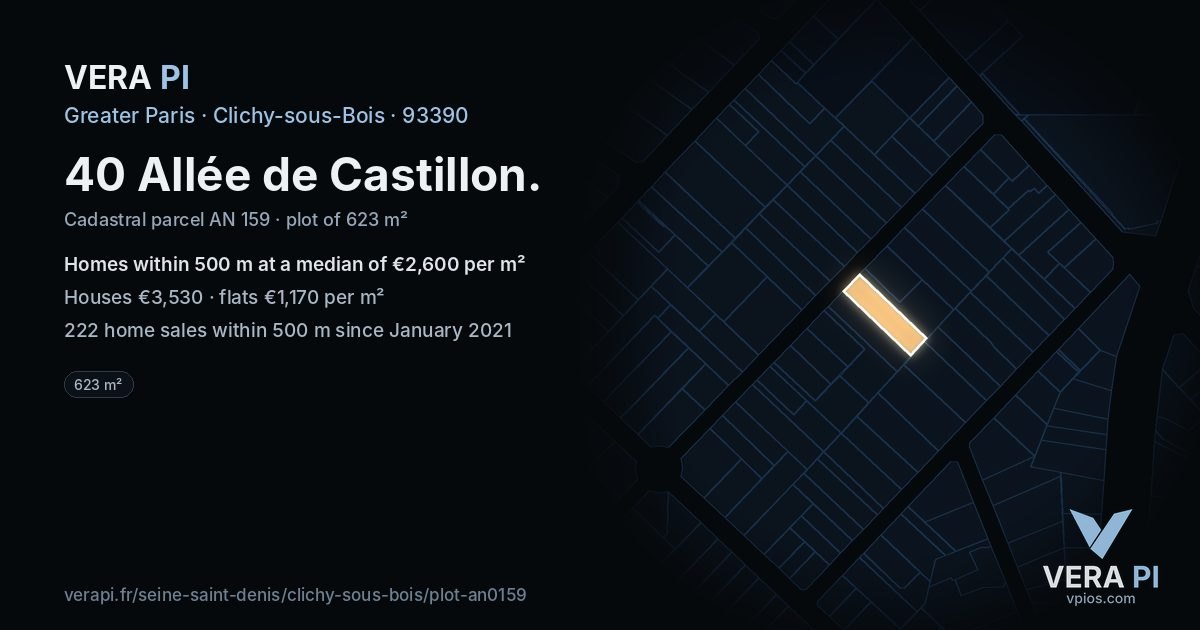 40 Allée de Castillon, Clichy-sous-Bois at night – the plot lit, the parcels around coloured by the prices near them
