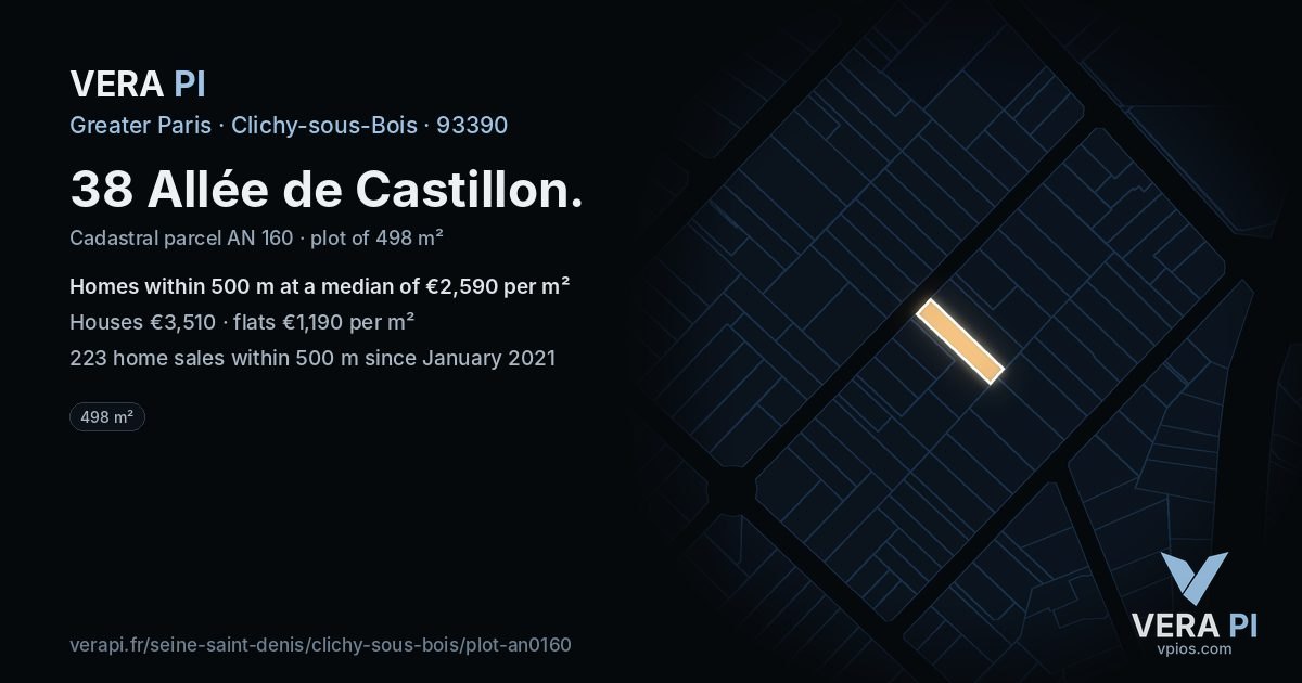 38 Allée de Castillon, Clichy-sous-Bois at night – the plot lit, the parcels around coloured by the prices near them
