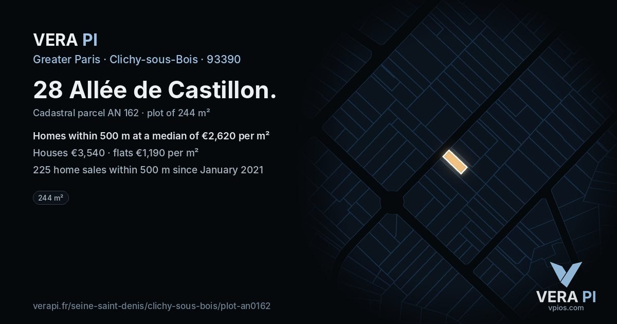 28 Allée de Castillon, Clichy-sous-Bois at night – the plot lit, the parcels around coloured by the prices near them
