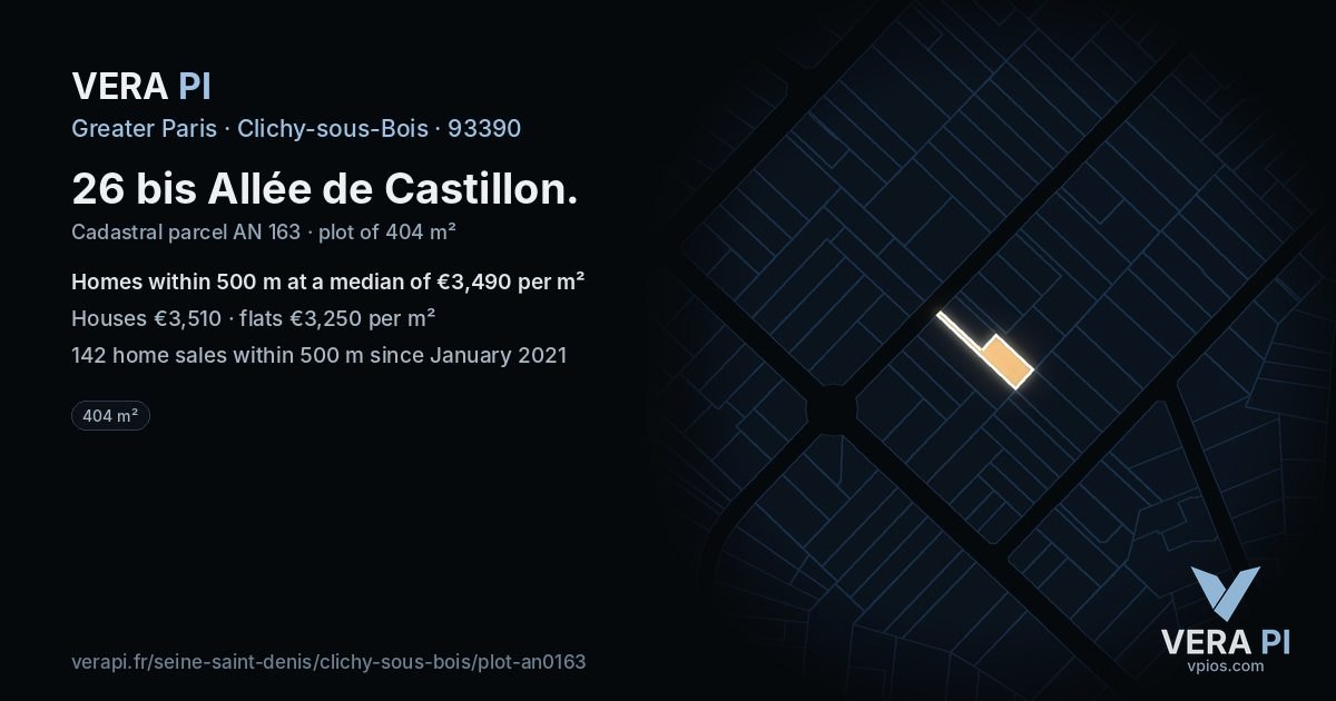 26 bis Allée de Castillon, Clichy-sous-Bois at night – the plot lit, the parcels around coloured by the prices near them