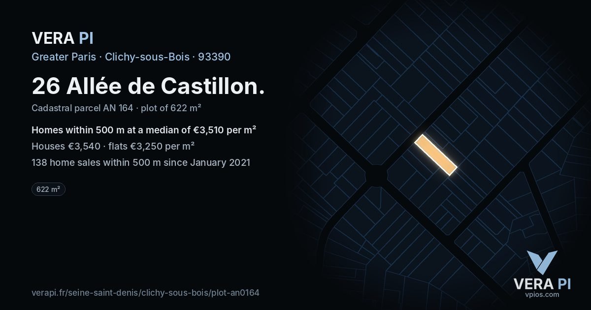 26 Allée de Castillon, Clichy-sous-Bois at night – the plot lit, the parcels around coloured by the prices near them