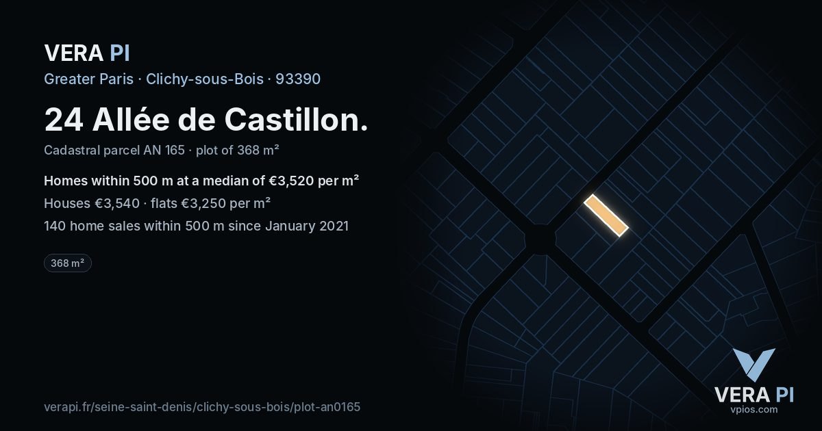 24 Allée de Castillon, Clichy-sous-Bois at night – the plot lit, the parcels around coloured by the prices near them