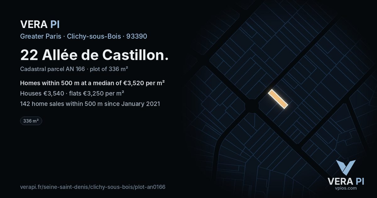22 Allée de Castillon, Clichy-sous-Bois at night – the plot lit, the parcels around coloured by the prices near them