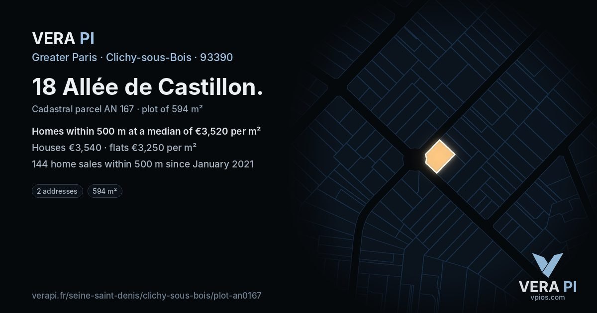 18 Allée de Castillon, Clichy-sous-Bois at night – the plot lit, the parcels around coloured by the prices near them