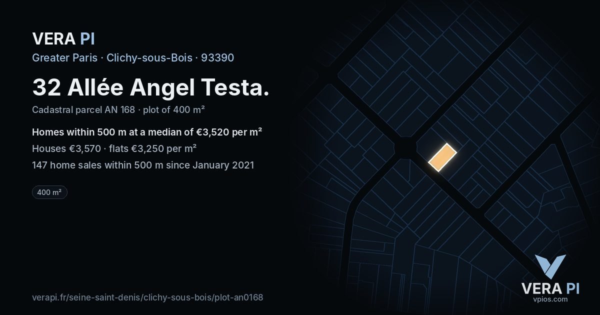 32 Allée Angel Testa, Clichy-sous-Bois at night – the plot lit, the parcels around coloured by the prices near them