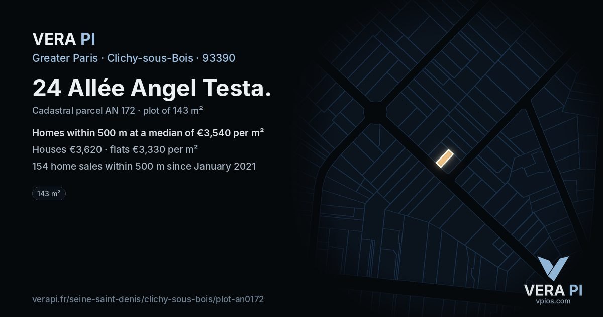 24 Allée Angel Testa, Clichy-sous-Bois at night – the plot lit, the parcels around coloured by the prices near them