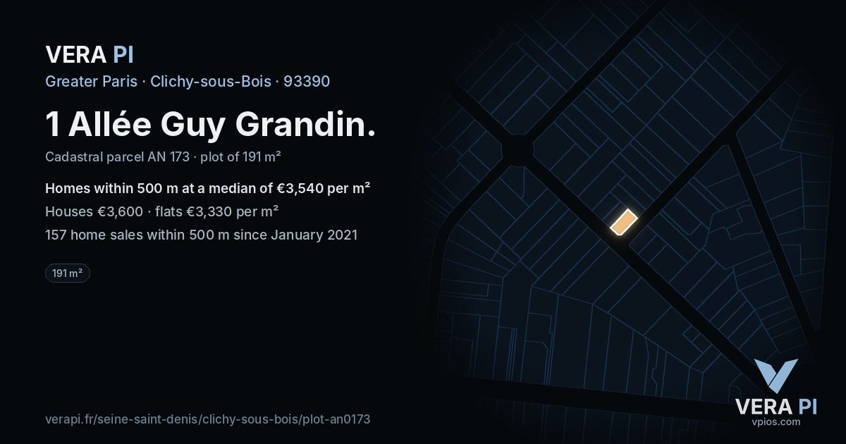1 Allée Guy Grandin, Clichy-sous-Bois at night – the plot lit, the parcels around coloured by the prices near them