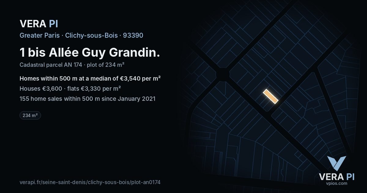 1 bis Allée Guy Grandin, Clichy-sous-Bois at night – the plot lit, the parcels around coloured by the prices near them