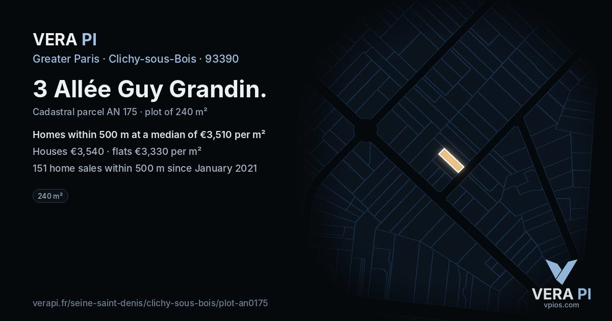 3 Allée Guy Grandin, Clichy-sous-Bois at night – the plot lit, the parcels around coloured by the prices near them