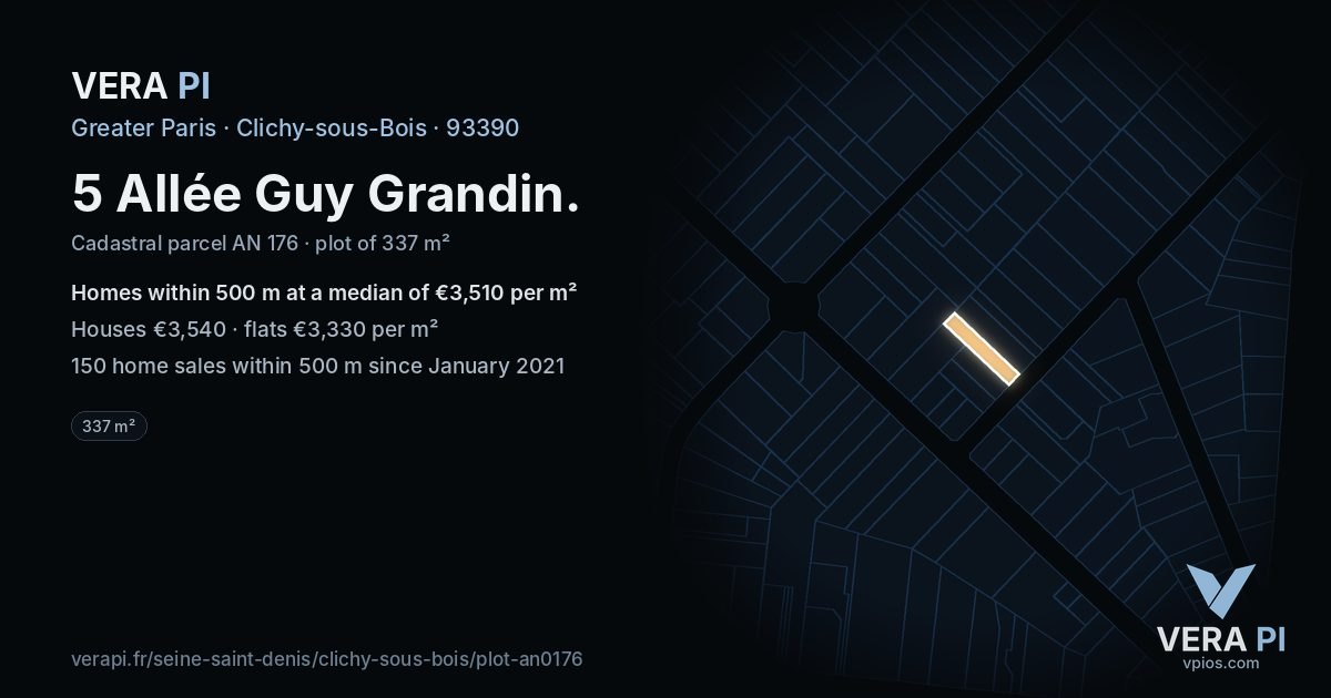 5 Allée Guy Grandin, Clichy-sous-Bois at night – the plot lit, the parcels around coloured by the prices near them