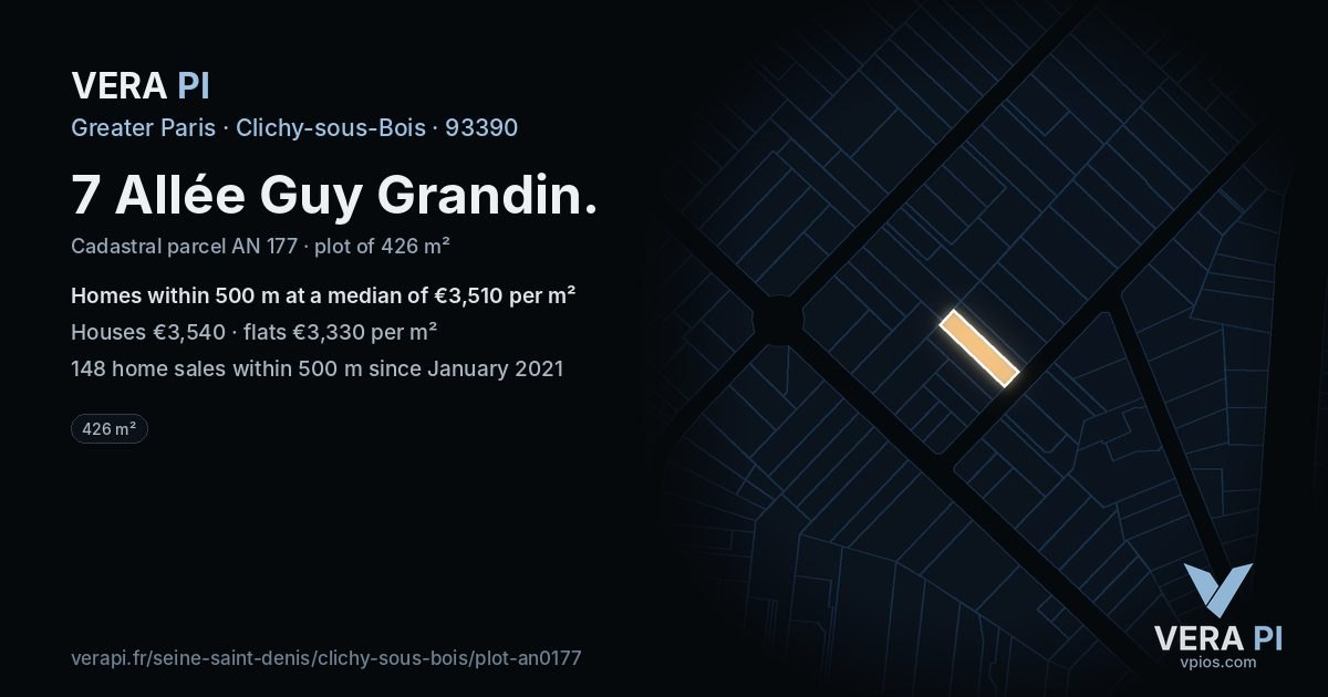 7 Allée Guy Grandin, Clichy-sous-Bois at night – the plot lit, the parcels around coloured by the prices near them