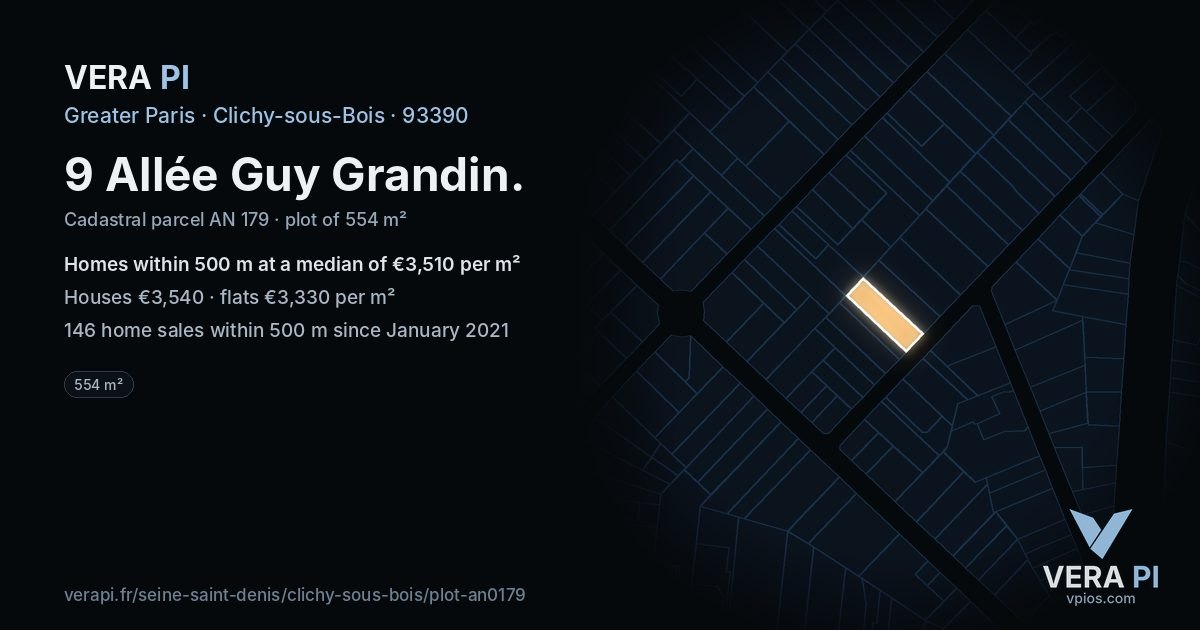 9 Allée Guy Grandin, Clichy-sous-Bois at night – the plot lit, the parcels around coloured by the prices near them