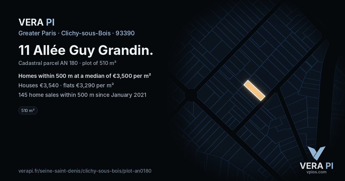 11 Allée Guy Grandin, Clichy-sous-Bois at night – the plot lit, the parcels around coloured by the prices near them