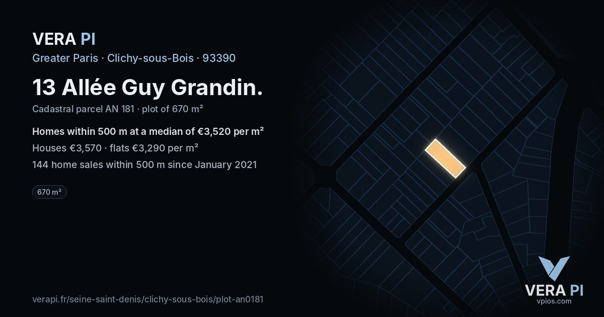 13 Allée Guy Grandin, Clichy-sous-Bois at night – the plot lit, the parcels around coloured by the prices near them