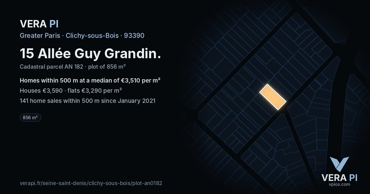 15 Allée Guy Grandin, Clichy-sous-Bois at night – the plot lit, the parcels around coloured by the prices near them