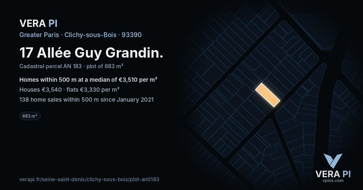 17 Allée Guy Grandin, Clichy-sous-Bois at night – the plot lit, the parcels around coloured by the prices near them