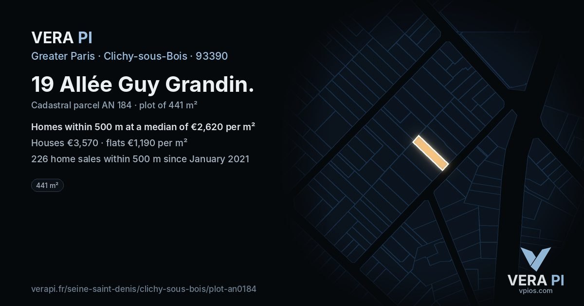 19 Allée Guy Grandin, Clichy-sous-Bois at night – the plot lit, the parcels around coloured by the prices near them