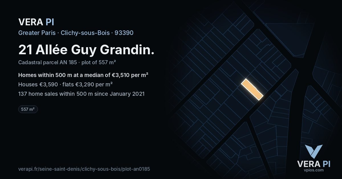 21 Allée Guy Grandin, Clichy-sous-Bois at night – the plot lit, the parcels around coloured by the prices near them