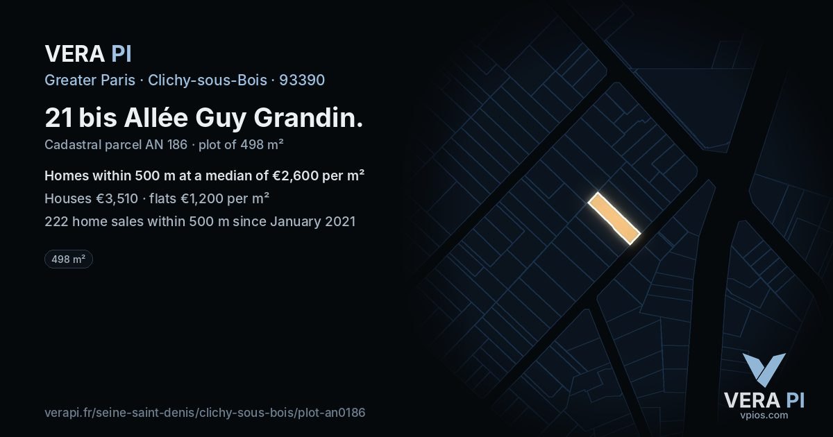 21 bis Allée Guy Grandin, Clichy-sous-Bois at night – the plot lit, the parcels around coloured by the prices near them
