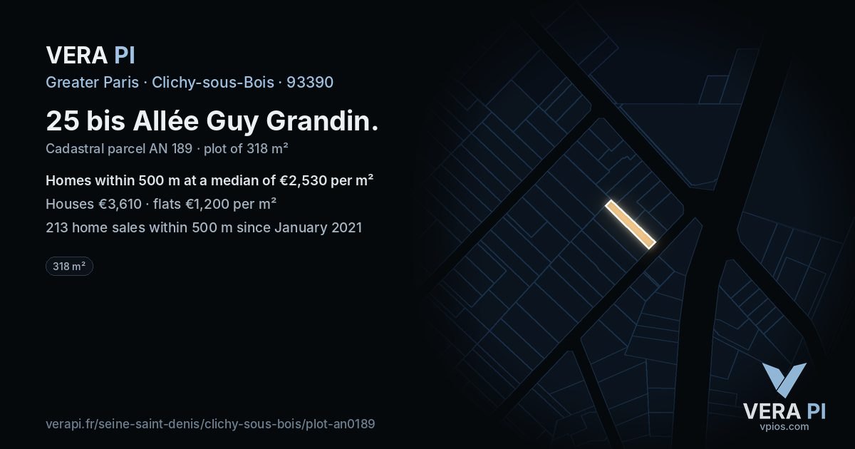 25 bis Allée Guy Grandin, Clichy-sous-Bois at night – the plot lit, the parcels around coloured by the prices near them