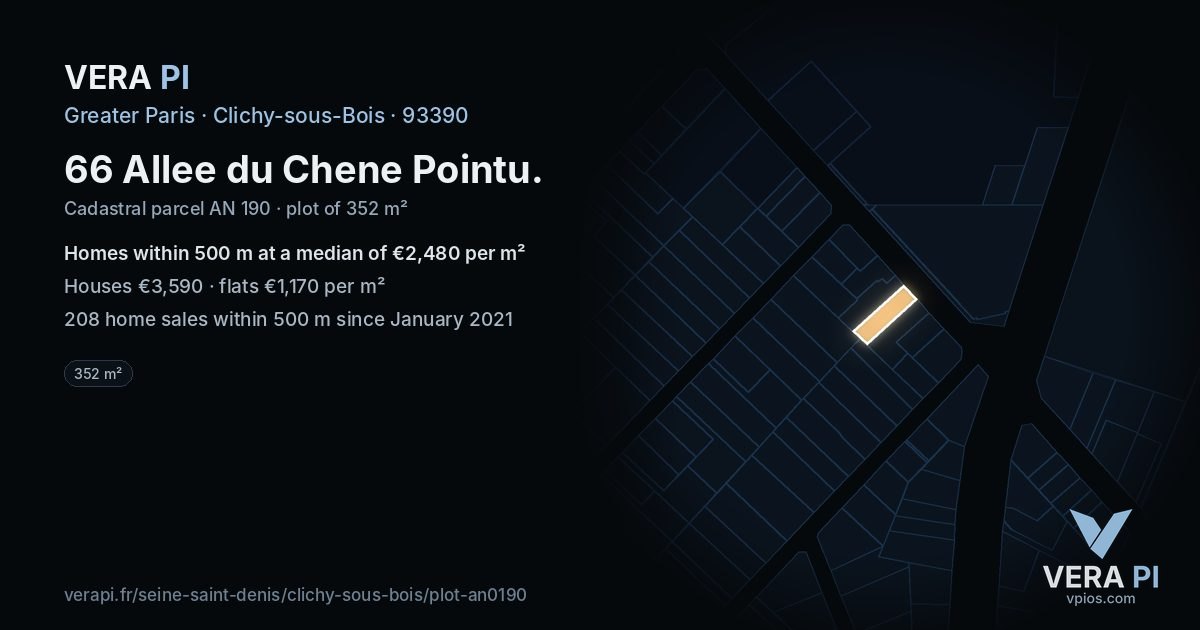 66 Allee du Chene Pointu, Clichy-sous-Bois at night – the plot lit, the parcels around coloured by the prices near them