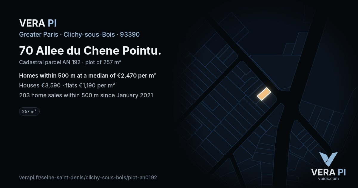 70 Allee du Chene Pointu, Clichy-sous-Bois at night – the plot lit, the parcels around coloured by the prices near them