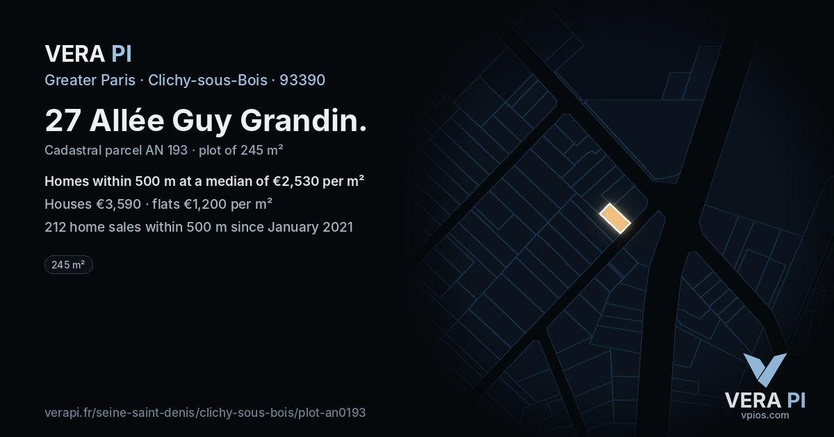 27 Allée Guy Grandin, Clichy-sous-Bois at night – the plot lit, the parcels around coloured by the prices near them