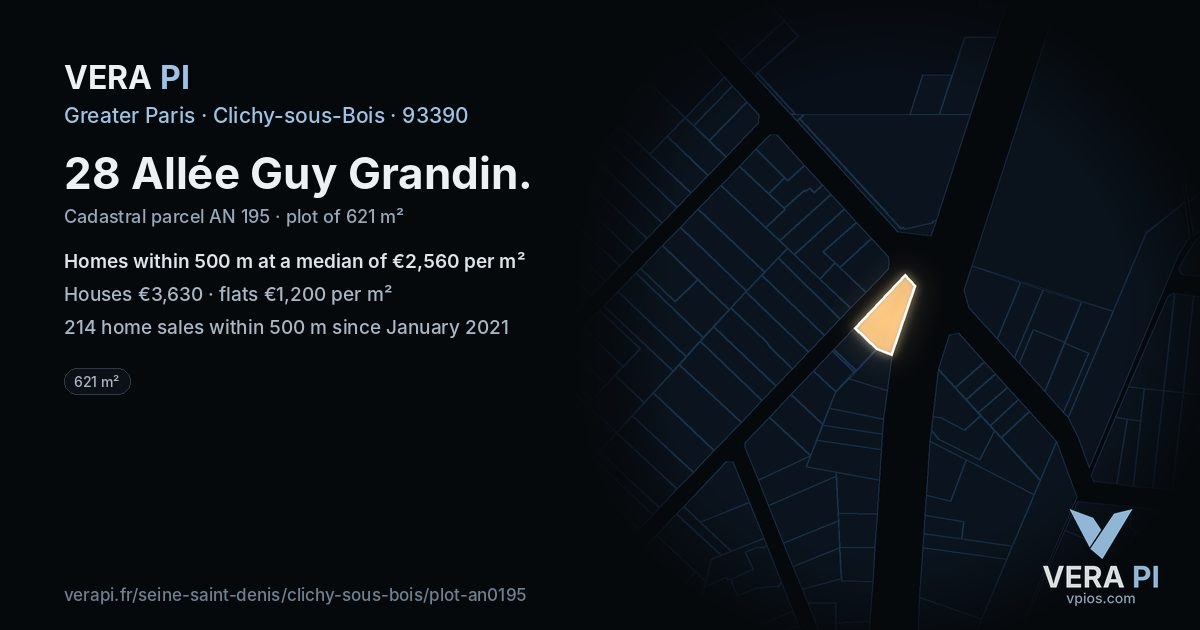 28 Allée Guy Grandin, Clichy-sous-Bois at night – the plot lit, the parcels around coloured by the prices near them