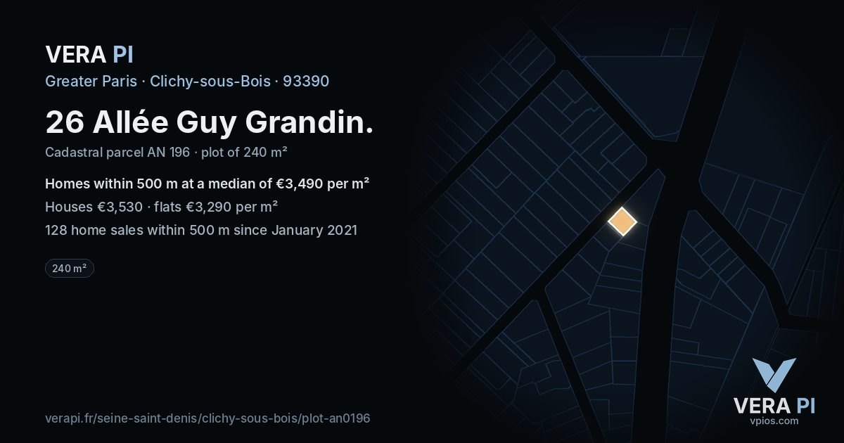 26 Allée Guy Grandin, Clichy-sous-Bois at night – the plot lit, the parcels around coloured by the prices near them