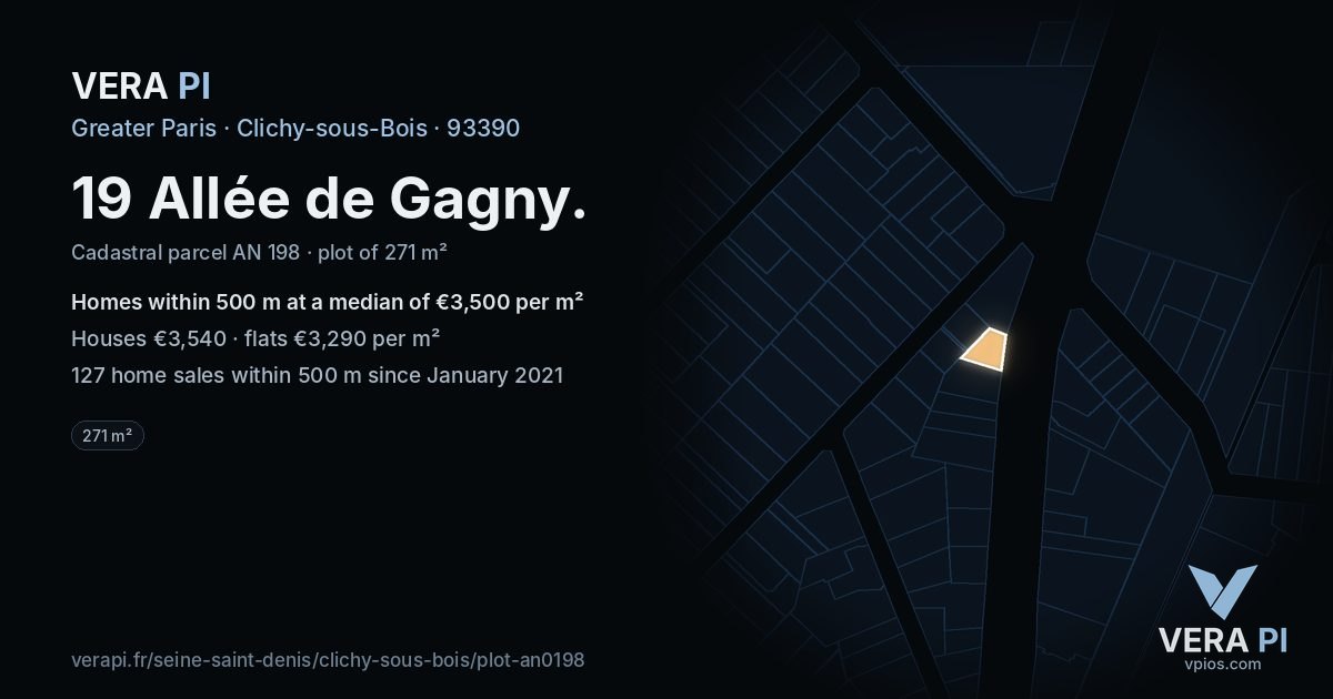 19 Allée de Gagny, Clichy-sous-Bois at night – the plot lit, the parcels around coloured by the prices near them