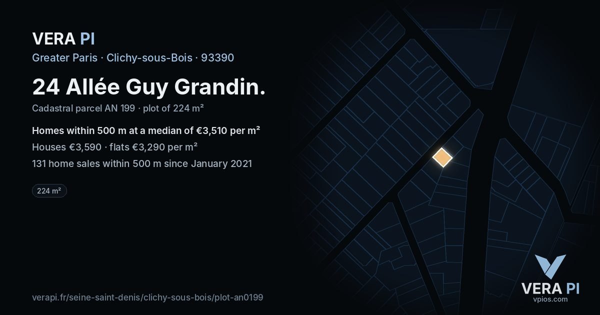 24 Allée Guy Grandin, Clichy-sous-Bois at night – the plot lit, the parcels around coloured by the prices near them