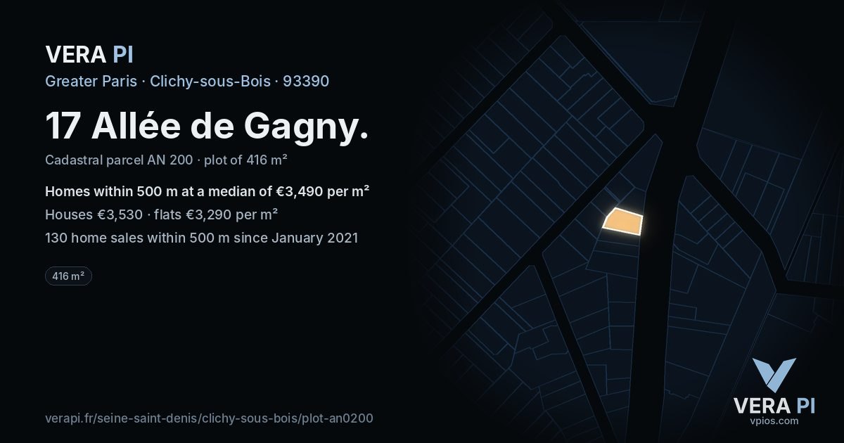 17 Allée de Gagny, Clichy-sous-Bois at night – the plot lit, the parcels around coloured by the prices near them