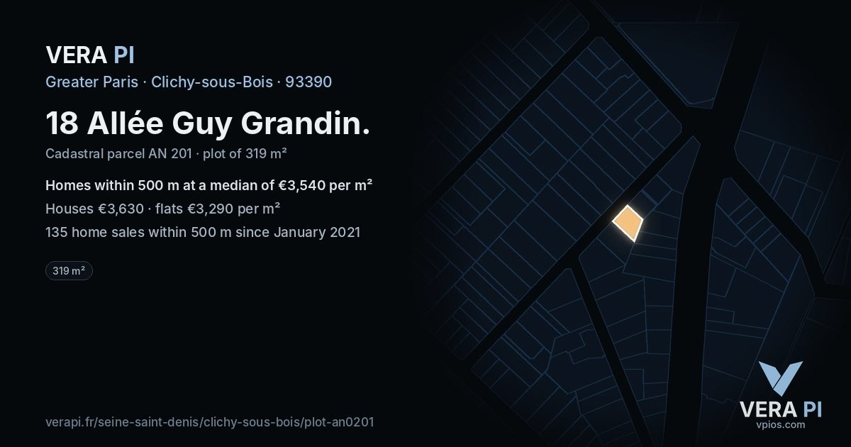18 Allée Guy Grandin, Clichy-sous-Bois at night – the plot lit, the parcels around coloured by the prices near them