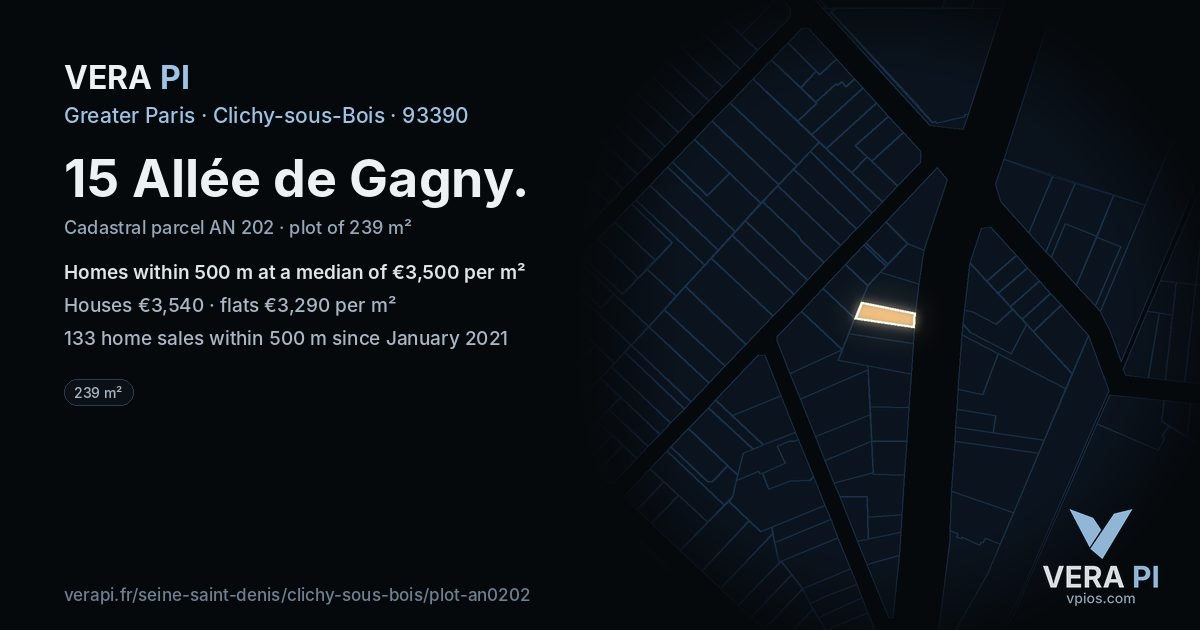 15 Allée de Gagny, Clichy-sous-Bois at night – the plot lit, the parcels around coloured by the prices near them