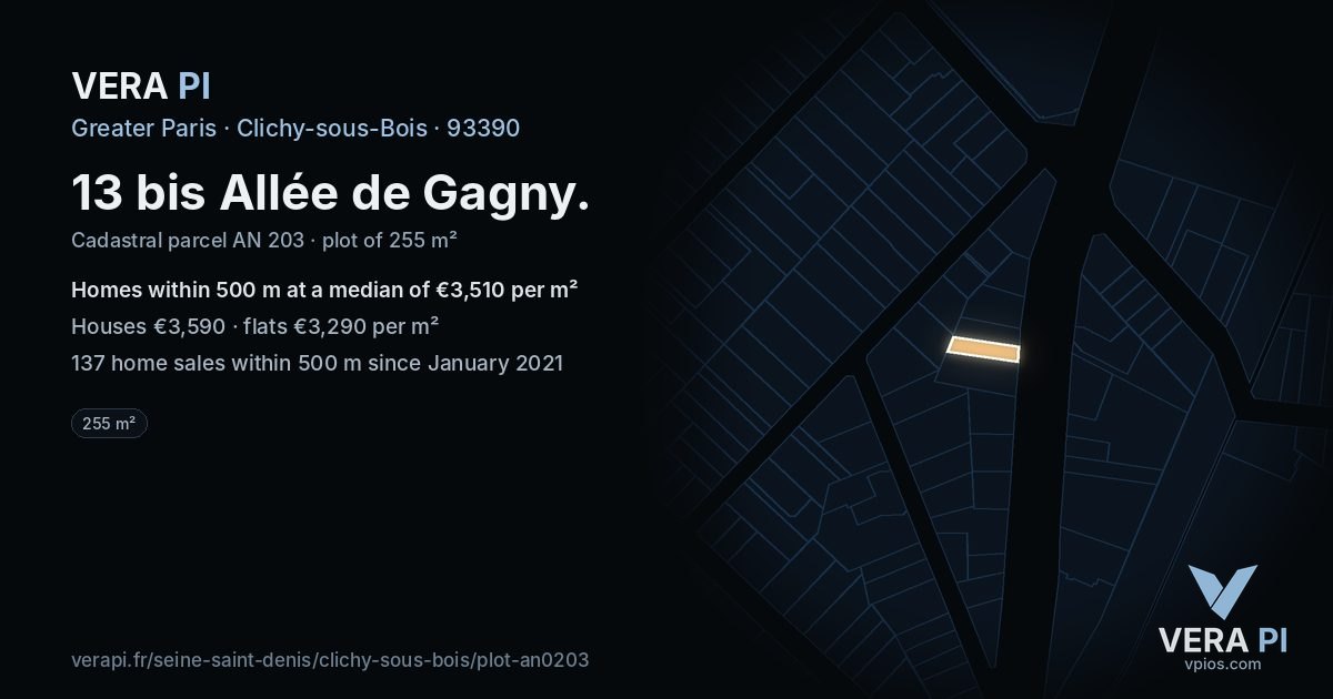 13 bis Allée de Gagny, Clichy-sous-Bois at night – the plot lit, the parcels around coloured by the prices near them