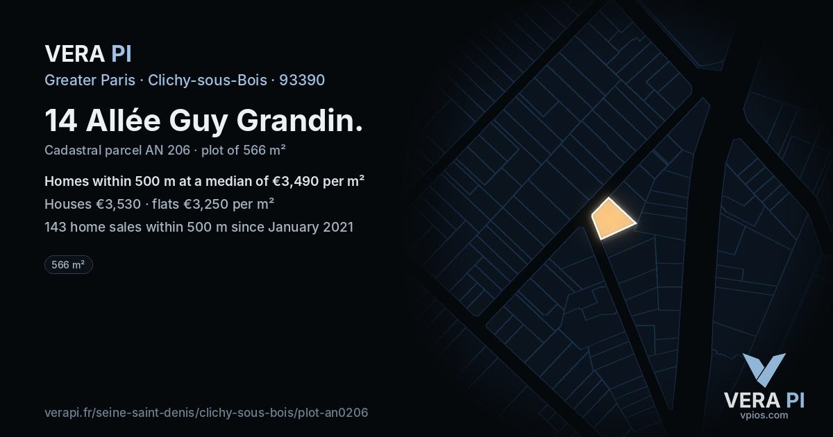 14 Allée Guy Grandin, Clichy-sous-Bois at night – the plot lit, the parcels around coloured by the prices near them