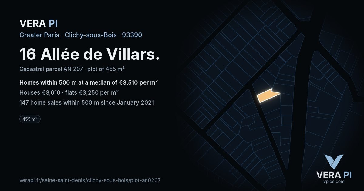 16 Allée de Villars, Clichy-sous-Bois at night – the plot lit, the parcels around coloured by the prices near them