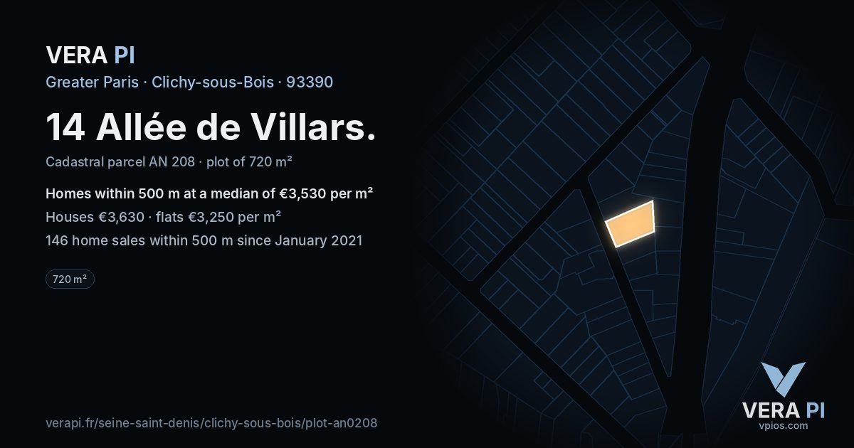 14 Allée de Villars, Clichy-sous-Bois at night – the plot lit, the parcels around coloured by the prices near them
