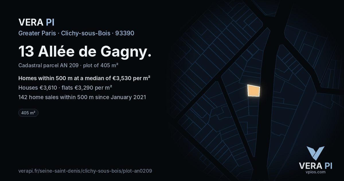 13 Allée de Gagny, Clichy-sous-Bois at night – the plot lit, the parcels around coloured by the prices near them