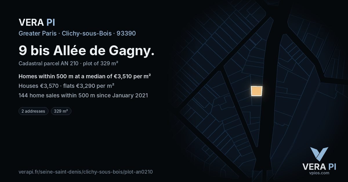 9 bis Allée de Gagny, Clichy-sous-Bois at night – the plot lit, the parcels around coloured by the prices near them