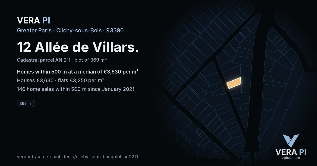 12 Allée de Villars, Clichy-sous-Bois at night – the plot lit, the parcels around coloured by the prices near them