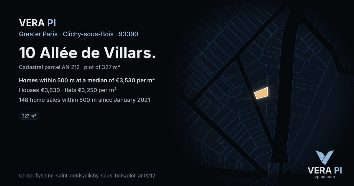 10 Allée de Villars, Clichy-sous-Bois at night – the plot lit, the parcels around coloured by the prices near them